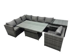 Rackhams 7 seater Height Adjustable Rising Lifting Table Corner Sofa Set Rattan Garden Furniture Dining Set with Side Table Dark Grey Mixed - thumbnail 1