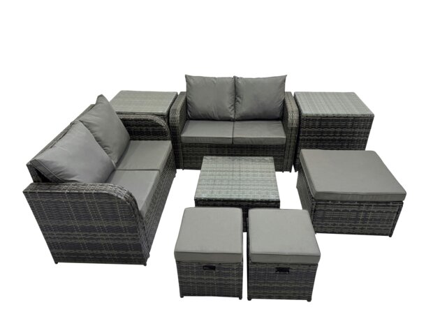 Rackhams Rattan Garden Outdoor Furniture Set Love Sofa Square Coffee Table Set with 2 Side Tables 3 Stools Dark Grey Mixed - image 1