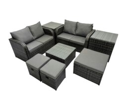 Rackhams Rattan Garden Outdoor Furniture Set Love Sofa Square Coffee Table Set with 2 Side Tables 3 Stools Dark Grey Mixed - thumbnail 2