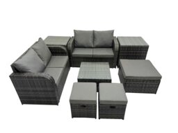Rackhams Rattan Garden Outdoor Furniture Set Love Sofa Square Coffee Table Set with 2 Side Tables 3 Stools Dark Grey Mixed - thumbnail 1