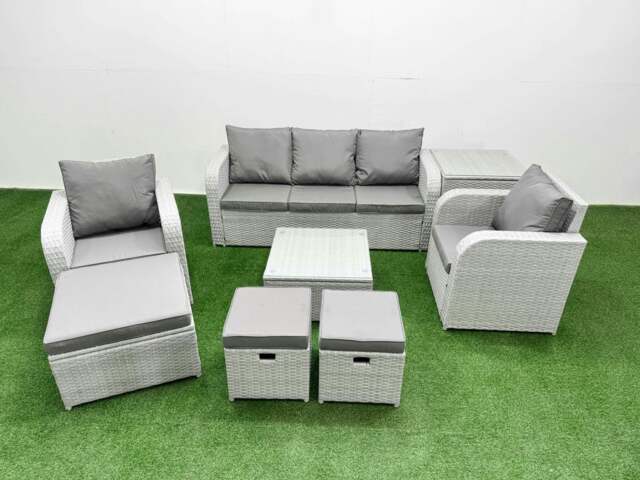 Rackhams PE Rattan Garden Furniture Set Reclining Chair Sofa Lounge Sofa Set Square Coffee Table Side Table 3 Stools Light Grey - image 1