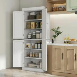 Rackhams Freestanding Kitchen Cupboard with 4 Doors, Storage Cabinet with 6-Tier Shelving and 4 Adjustable Shelves, White - White - thumbnail 2