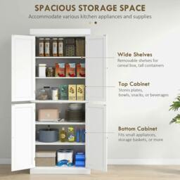 Rackhams Freestanding Kitchen Cupboard with 4 Doors, Storage Cabinet with 6-Tier Shelving and 4 Adjustable Shelves, White - White - thumbnail 4