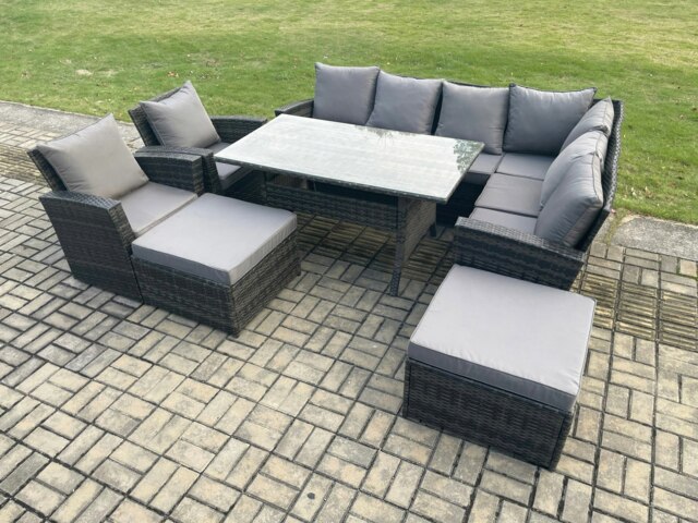 Rackhams 10 Seater Garden Rattan Furniture Corner Sofa Dining Table Chair Set with 2 Big Footstool 2 Armchairs Indoor Outdoor Lounge Sofa Set - image 1