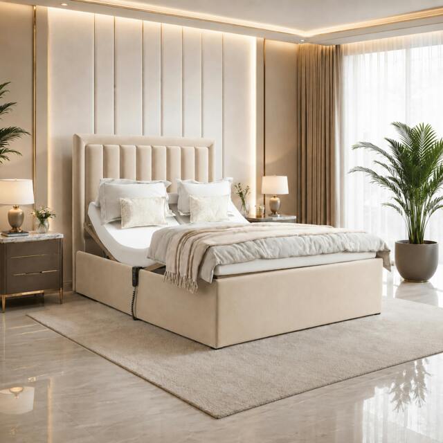 Rackhams Swan Electric Adjustable Bed with Mattress and Headboard - Double - Solid Wood - Beige - image 1
