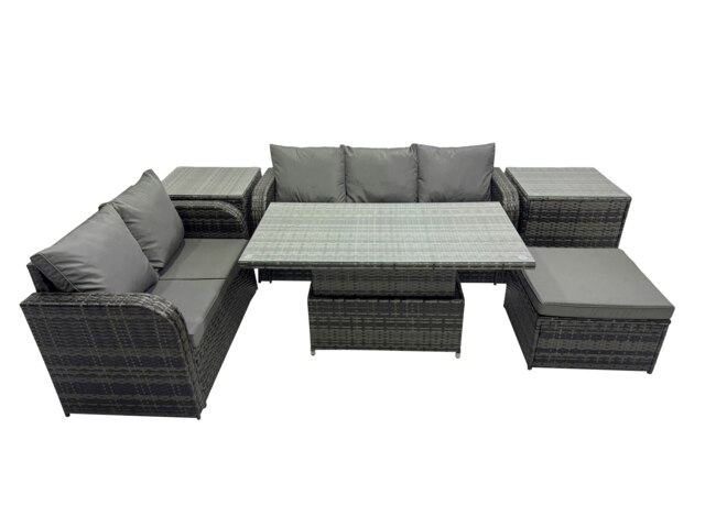 Rackhams Rattan Garden Furniture Dining Set 6 seater Patio Height Adjustable Rising Lifting Table Sofa Set with 2 Side Tables Dark Grey Mixed - image 1