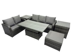 Rackhams Rattan Garden Furniture Dining Set 6 seater Patio Height Adjustable Rising Lifting Table Sofa Set with 2 Side Tables Dark Grey Mixed - thumbnail 2