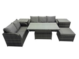 Rackhams Rattan Garden Furniture Dining Set 6 seater Patio Height Adjustable Rising Lifting Table Sofa Set with 2 Side Tables Dark Grey Mixed - thumbnail 1
