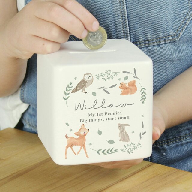 Rackhams Personalised Woodland Animals Ceramic Square Money Box - image 1