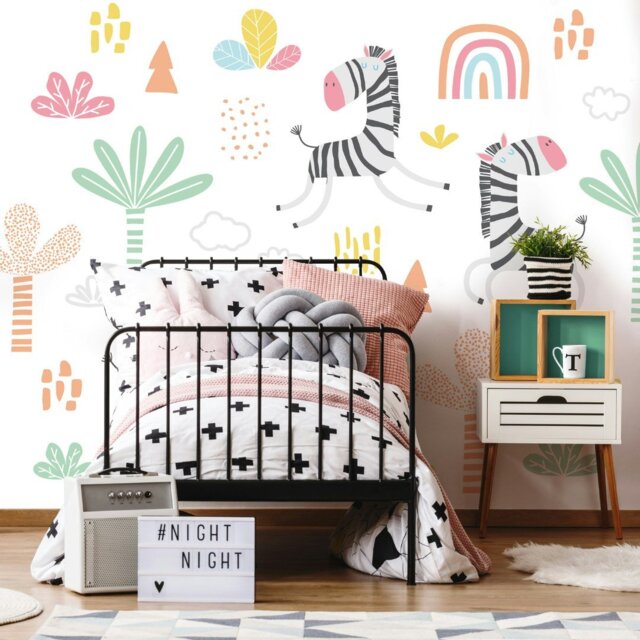 Rackhams Dancing Zebras Wall Mural - White - Large - W350cm x H280cm - image 1
