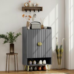 Rackhams Shoe Storage Cabinet with Beadboard Doors for 15 Pairs of Shoes, Grey - Grey - thumbnail 1