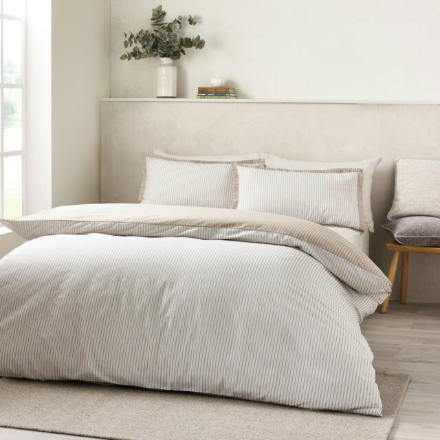 Rackhams Oxford Pinstripe Reversible Duvet Cover Set Natural - King - Natural - image 1