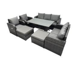 Rackhams 9 Seat Outdoor Wicker PE Rattan Garden Furniture Set Dining Table Sofa Set with 2 Big Stools Dark Grey Mixed - thumbnail 2