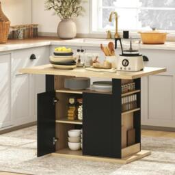 Rackhams Kitchen Island with Storage Cabinet and Spice Rack, Black & Natural - Particleboard - Kitchen island - 110W x 70D x 75.5H cm