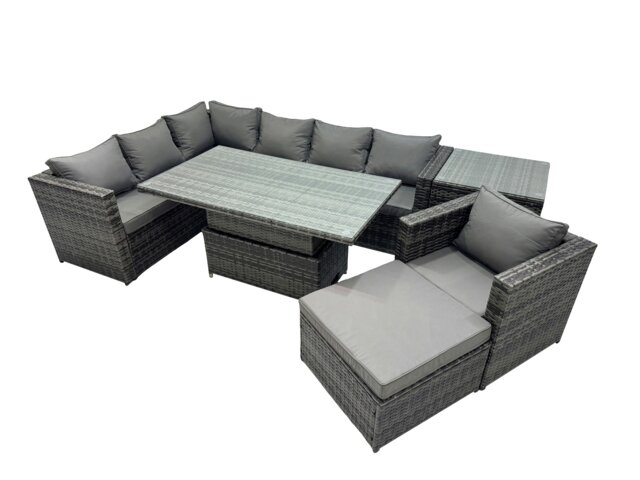 Rackhams 8 seater Height Adjustable Rising Lifting Table Corner Sofa Set Rattan Garden Furniture Dining Set with Big Stool Side Table Dark Grey Mixed - image 1