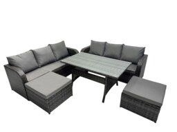 Rackhams 8 Seat Outdoor Wicker PE Rattan Garden Furniture Sets Dining Table Sofa Set with 2 Big Stools Dark Grey Mixed - thumbnail 2
