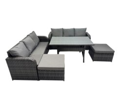 Rackhams 8 Seat Outdoor Wicker PE Rattan Garden Furniture Sets Dining Table Sofa Set with 2 Big Stools Dark Grey Mixed - thumbnail 1