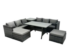 Rackhams Outdoor Dining Table Sofa Set with Side Table Big Footstool Garden Furniture Set Dark Grey Mixed