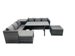 Rackhams Outdoor Dining Table Sofa Set with Side Table Big Footstool Garden Furniture Set Dark Grey Mixed - thumbnail 2