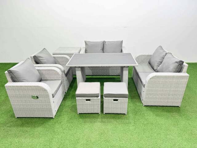 Rackhams 8 Pieces Outdoor PE Rattan Sofa Reclining Chair Set Patio Garden Furniture Sets with Cushions Side Table 2 Small Stools Light Grey - image 1