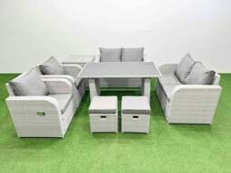 Rackhams 8 Pieces Outdoor PE Rattan Sofa Reclining Chair Set Patio Garden Furniture Sets with Cushions Side Table 2 Small Stools Light Grey