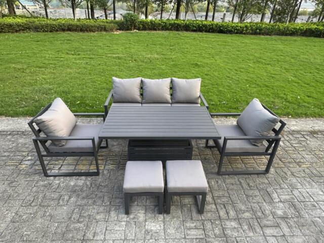 Rackhams 6-Piece Aluminium Garden Furniture Sets 7 Seater Outdoor Sofa Set with Adjustable Rising Lifting Dining Table 2 Chairs 2 Small Footstools - image 1