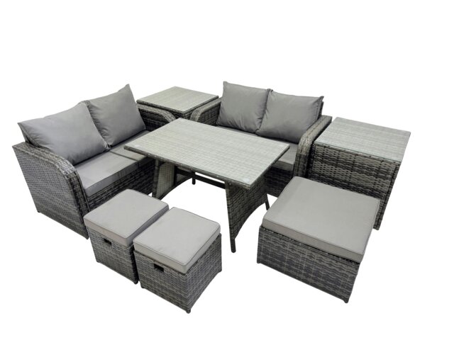Rackhams 7 Seater Garden Outdoor Rattan Furniture Set Rattan Sofa Oblong Dining Table with 2 Side Tables Dark Grey - image 1