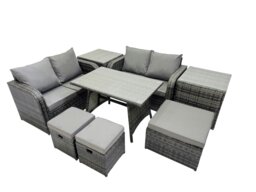 Rackhams 7 Seater Garden Outdoor Rattan Furniture Set Rattan Sofa Oblong Dining Table with 2 Side Tables Dark Grey - thumbnail 1