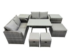 Rackhams 7 Seater Garden Outdoor Rattan Furniture Set Rattan Sofa Oblong Dining Table with 2 Side Tables Dark Grey - thumbnail 2