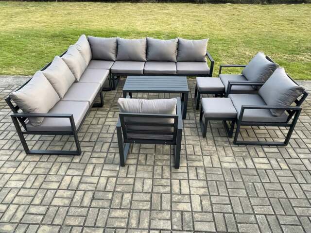 Rackhams Aluminium Outdoor Garden Furniture Set Lounge Corner Sofa 3 Pcs Chair Oblong Coffee Table Sets with 2 Small Footstools Dark Grey