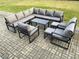 Rackhams Aluminium Outdoor Garden Furniture Set Lounge Corner Sofa 3 Pcs Chair Oblong Coffee Table Sets with 2 Small Footstools Dark Grey - thumbnail 2