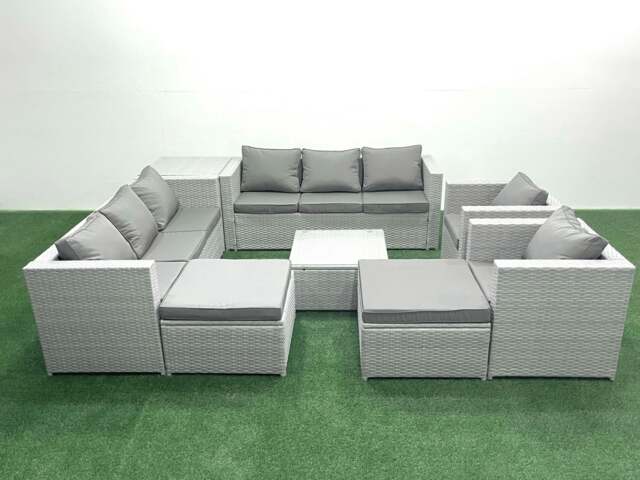 Rackhams Outdoor Rattan Sofa Garden Furniture Set with 2 Armchairs Square Coffee Table 2 Big Footstools Side Table Light Grey Mixed - image 1