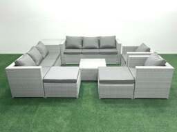 Rackhams Outdoor Rattan Sofa Garden Furniture Set with 2 Armchairs Square Coffee Table 2 Big Footstools Side Table Light Grey Mixed - thumbnail 2