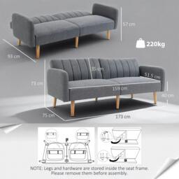 Rackhams 3 Seater Sofa Bed, Convertible Linen Fabric Sofa Couch, Click Clack Sofabed with Adjustable Split Backrest for Living Room, Bedroom, Guest Room, Grey - thumbnail 3
