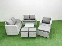 Rackhams High Back Poly Rattan Garden Furniture Set with Reclining Chair Loveseat Sofa Square Coffee Table Indoor Outdoor Patio  Set 3 Stools Light Grey - thumbnail 1