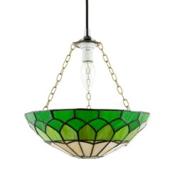 Rackhams Amber and Green Stained Glass Domed Tiffany Pendant Lamp Shade with Chain - thumbnail 1