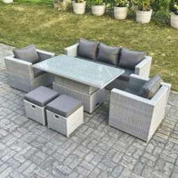 Rackhams Outdoor 7 Seater Rattan Dining & Lounge Set with Adjustable Height Table, Sofa, 2 Armchairs & Stools