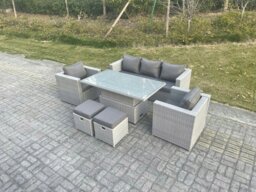 Rackhams Outdoor 7 Seater Rattan Dining & Lounge Set with Adjustable Height Table, Sofa, 2 Armchairs & Stools - thumbnail 2