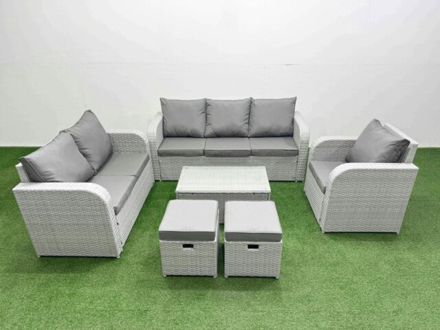 Rackhams 8 Seater Rattan Outdoor Sofa Set - Light Grey PE Wicker with Rectangular Coffee Table, Reclining Chair, Loveseat & 3-Seater Sofa - image 1