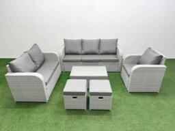 Rackhams 8 Seater Rattan Outdoor Sofa Set - Light Grey PE Wicker with Rectangular Coffee Table, Reclining Chair, Loveseat & 3-Seater Sofa - thumbnail 1