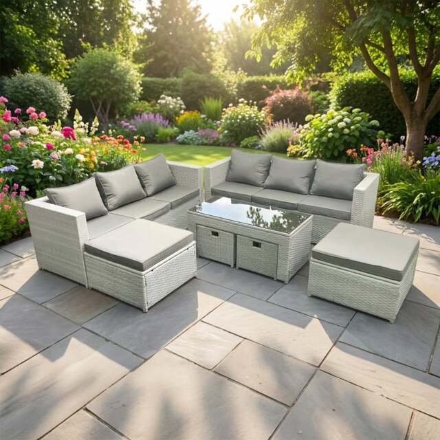 Rackhams 10 Seater Rattan Garden Furniture Set with 2 Sofas, Coffee Table, 4 Footstools - Light Grey - image 1
