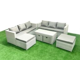 Rackhams 10 Seater Rattan Garden Furniture Set with 2 Sofas, Coffee Table, 4 Footstools - Light Grey - thumbnail 3