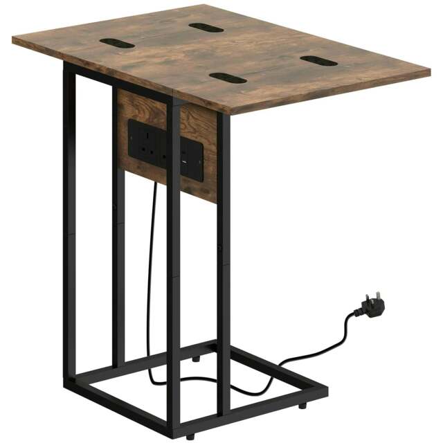 Rackhams C Shaped Side Table with Charging Station and Foldable Top - Rustic Brown