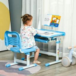 Rackhams Kids Study Desk and Chair Set w/ Adjustable Height, Storage, Drawer, Blue - thumbnail 2