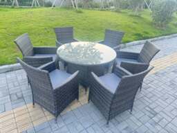 Rackhams 7-Piece PE Rattan Garden Furniture 6 Seater Garden Big Round Table and Chairs for Patio Dark Grey Mixed - thumbnail 2