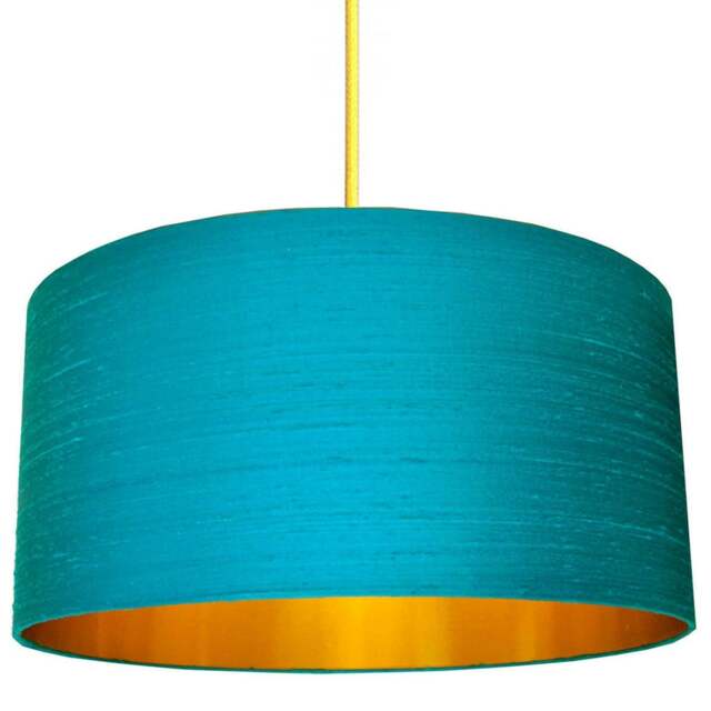 "Rackhams Aqua Blue Silk Lampshade With Gold Lining - 30cm Diameter x 20cm Height / (12"" x 8"")" - image 1