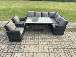 Rackhams 8 Seater Garden Rattan Furniture Corner Sofa Dining Table Chair Set with Temper Glass and Cushions Indoor Outdoor Lounge Sofa Set
