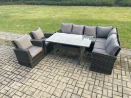 Rackhams 8 Seater Garden Rattan Furniture Corner Sofa Dining Table Chair Set with Temper Glass and Cushions Indoor Outdoor Lounge Sofa Set - thumbnail 2