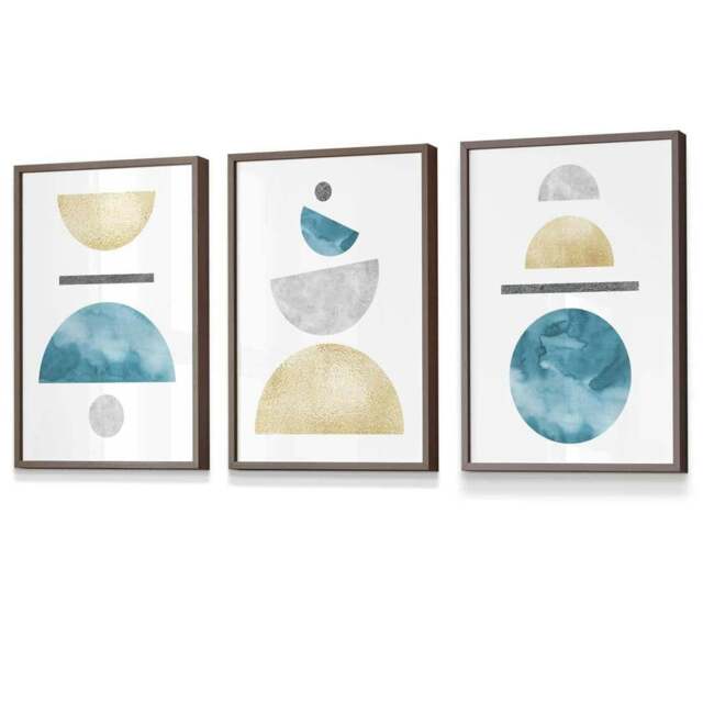 Rackhams Yellow and Aqua Blue Abstract Mid Century Geometric Set of 3 Framed Wall Art - 42x59cm (A2) - Light Walnut - image 1