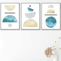 Rackhams Yellow and Aqua Blue Abstract Mid Century Geometric Set of 3 Framed Wall Art - 42x59cm (A2) - Light Walnut - thumbnail 2